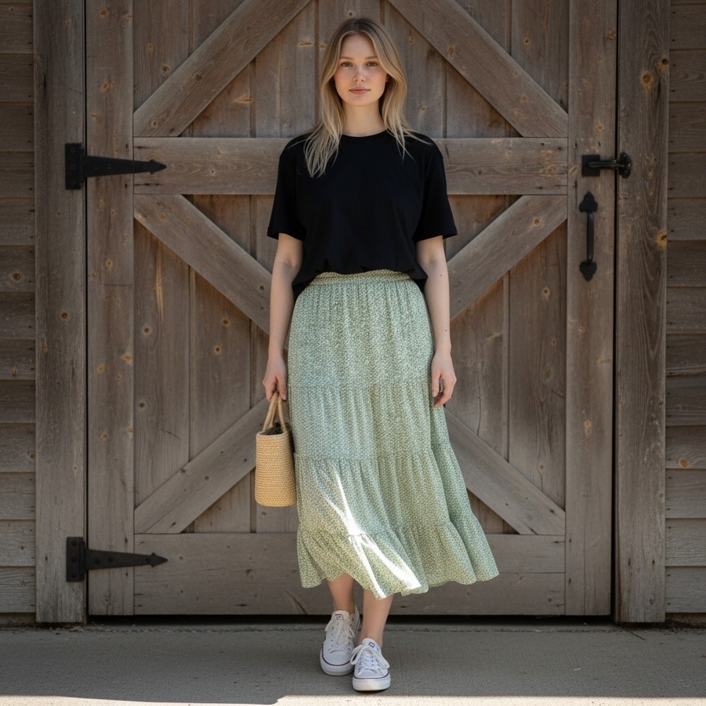 Cottagecore Light Green Tiered Ditsy Floral Skirt